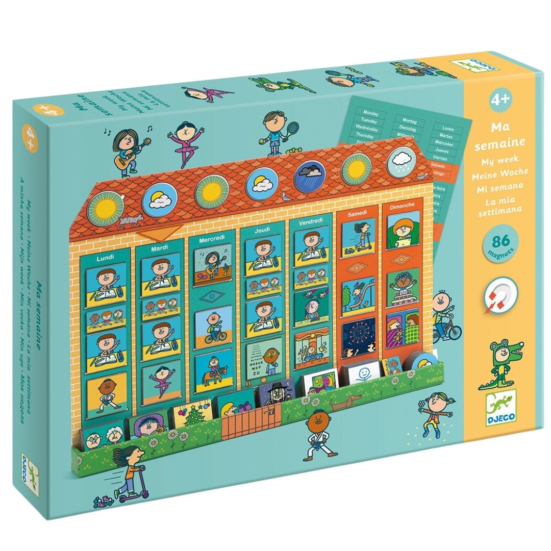 De verpakking van de Djeco magneetbord weekplanner met illustraties van kinderen en een huisvormig bord.