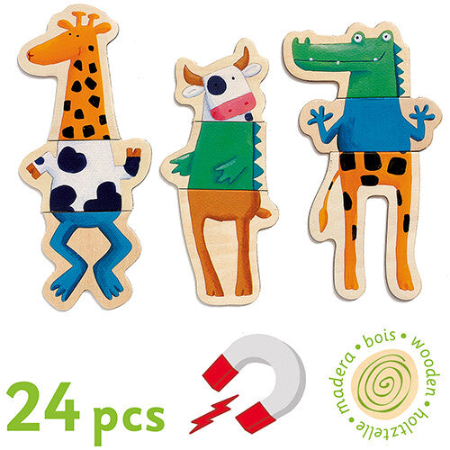 Drie samengestelde houten magneten van gemixte dierenlichamen, met de tekst '24 pcs' en een magneetsymbool.