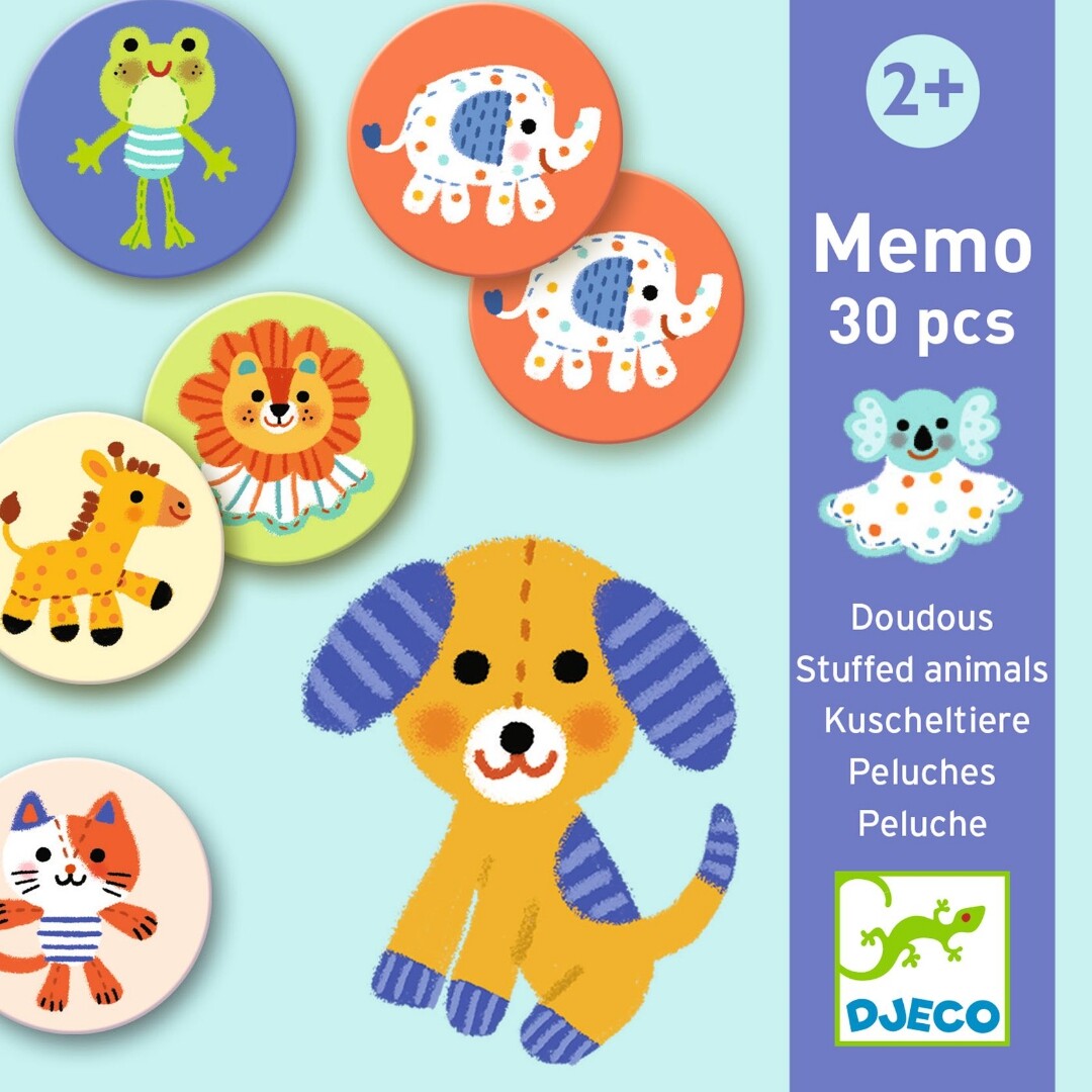 Infographic van het Djeco memorie knuffeldieren spel met verschillende dierentegels en een grote illustratie van een hond.