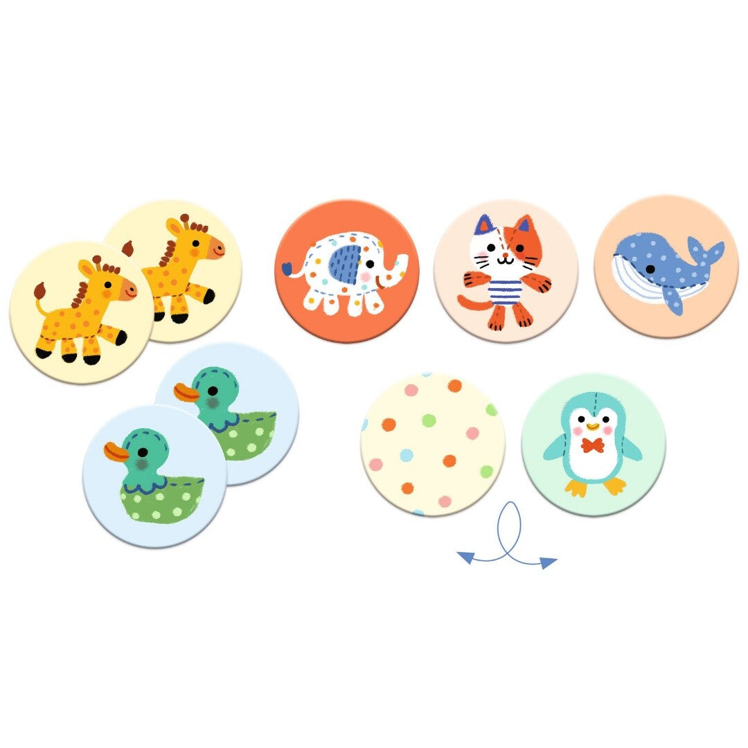 Diverse Djeco memorie tegels met illustraties van dieren zoals giraffen, eenden, olifanten, katten, een walvis en een pinguïn.