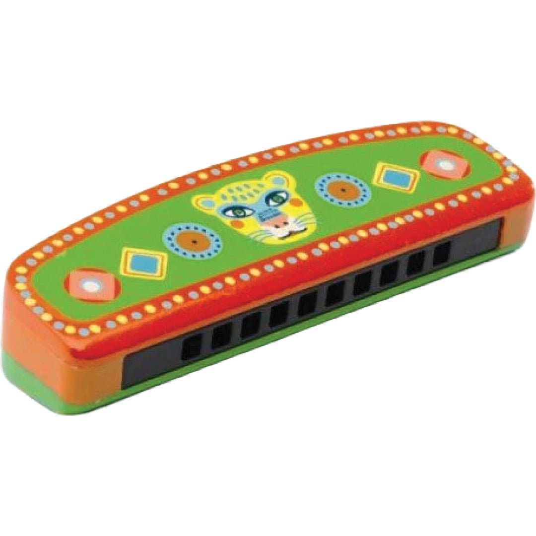 Djeco houten mondharmonica met een kleurrijk dierenpatroon van een tijgergezicht.