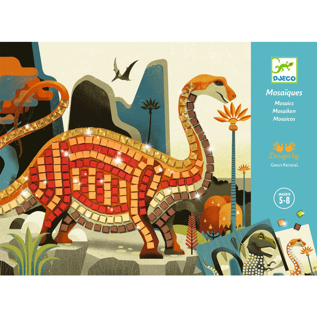 Djeco mozaïekset dinosaurussen verpakking met een afbeelding van een langehalsdinosaurus.