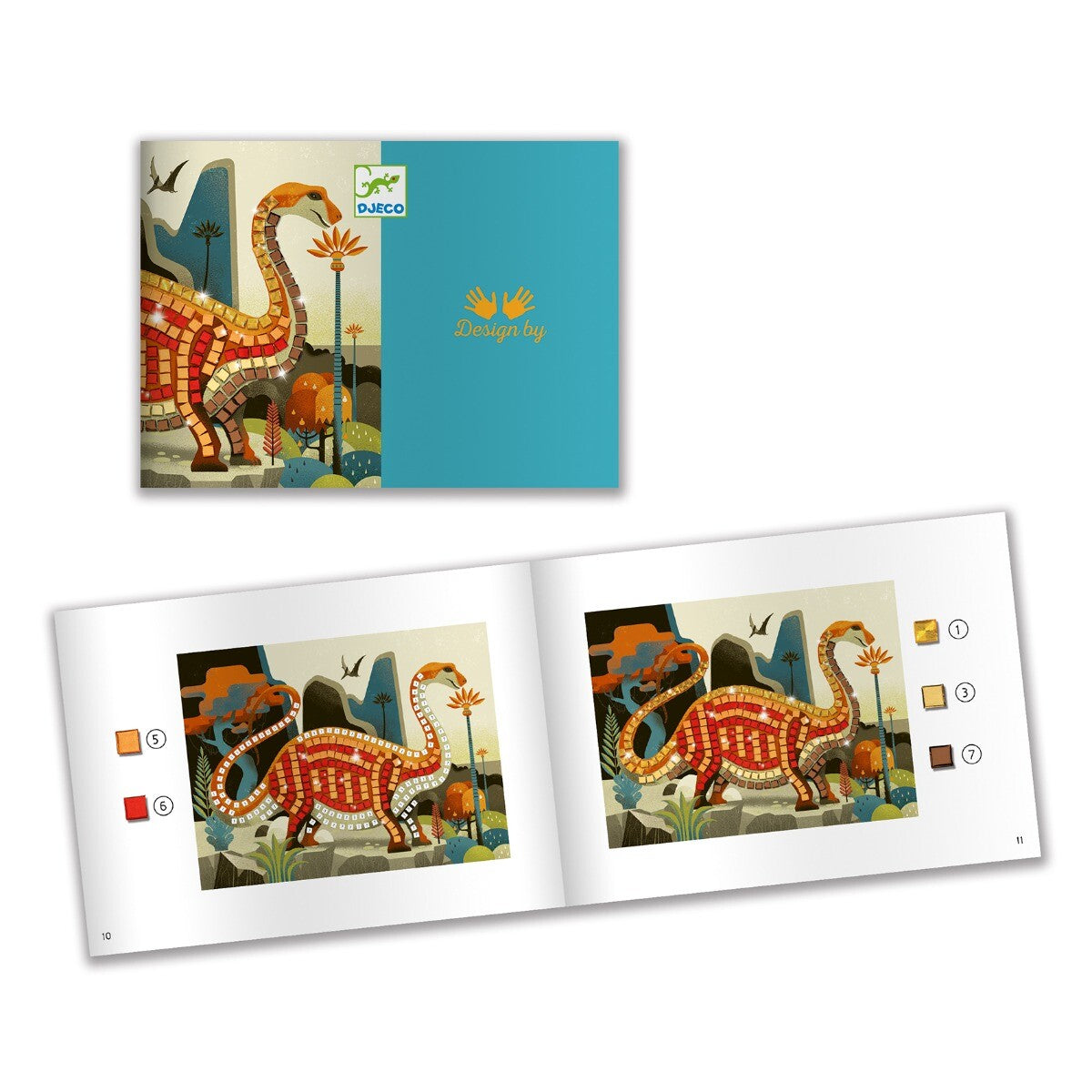 Een Djeco instructieboekje voor de mozaïekset dinosaurussen, opengeklapt met voorbeelden van de te maken mozaïeken.