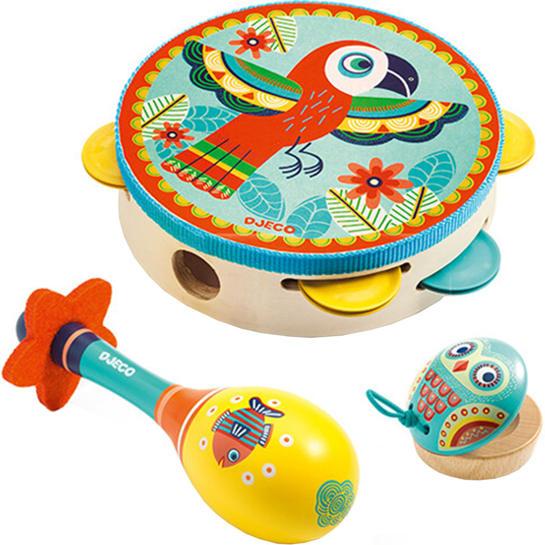 Djeco muziekspeelgoed set met een tamboerijn met papegaai, een maraca met vis en castagnetten met uil.