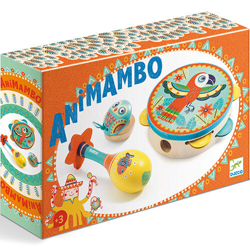De verpakking van de Djeco Animambo muziekinstrumenten set met de tamboerijn, maraca en castagnetten afgebeeld.