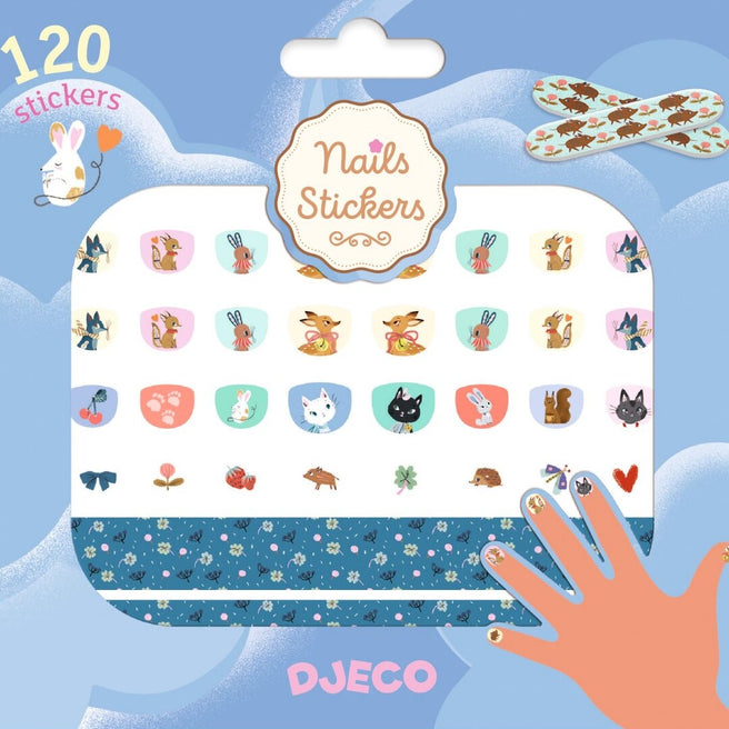Djeco nagelstickers Cutie verpakking met diverse dieren- en bloemenstickers en een nagelvijl.