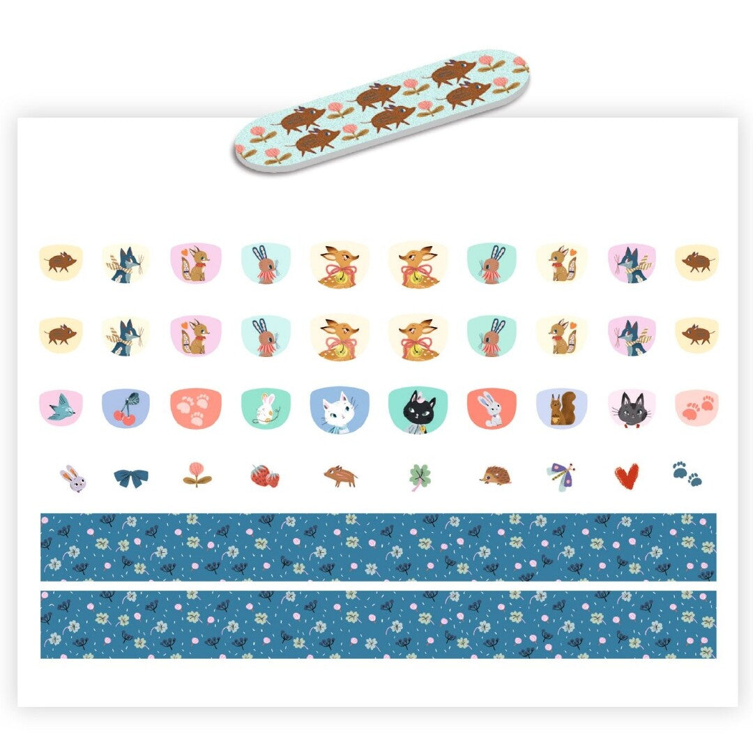 Djeco nagelstickers Cutie met een collectie van dieren-, bloemen- en patroonstickers en een nagelvijl.