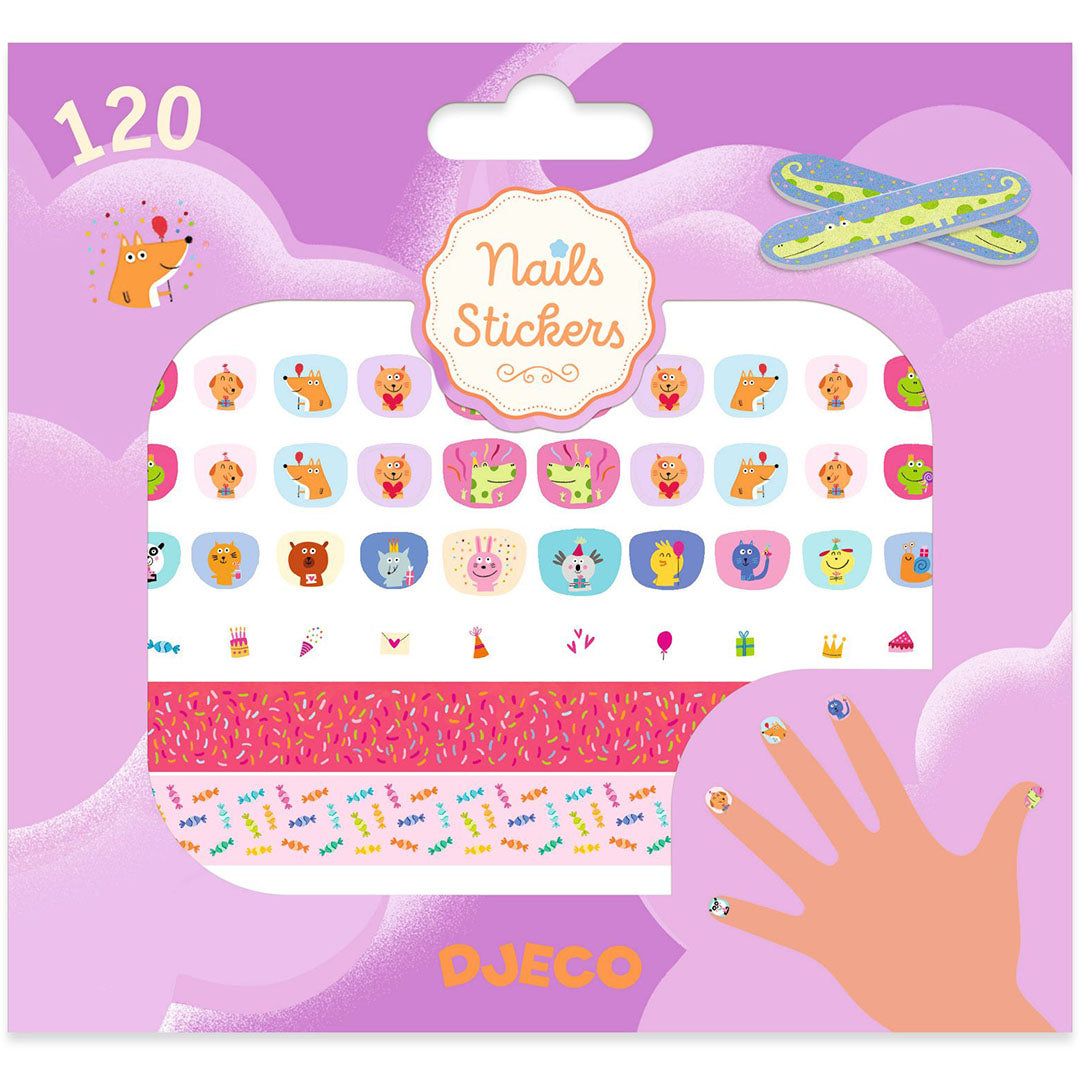Djeco nagelstickers Happy Birthday! verpakking met dieren en feestthema.
