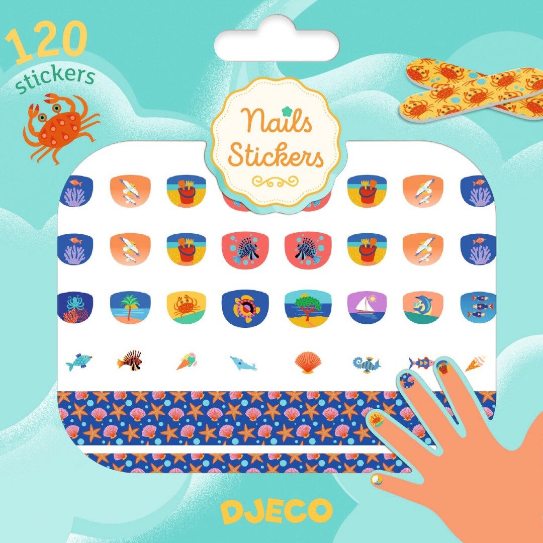 Djeco nagelstickers met mediterraans thema op de verpakking, inclusief 120 stickers en een nagelvijl.