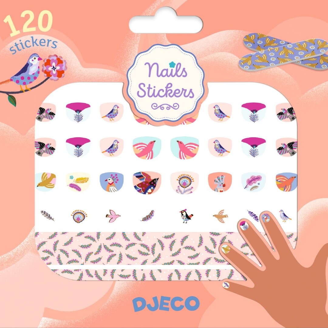 Djeco nagelstickers veren verpakking met 120 stickers en een nagelvijl.
