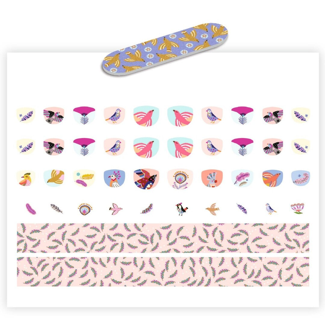 Djeco nagelstickers met vogel- en verenpatronen en een kleine nagelvijl.