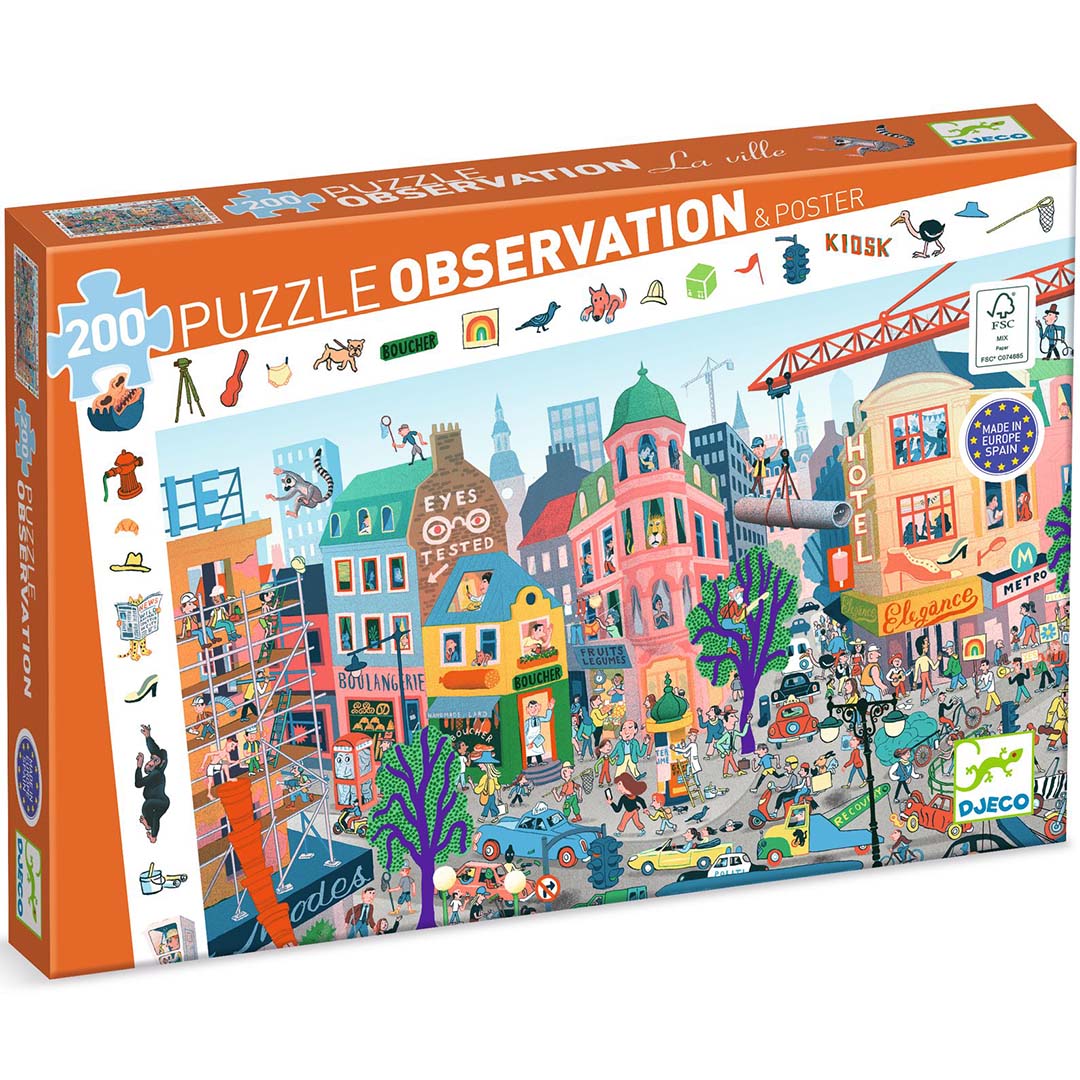 Djeco observatiepuzzel 'De Stad' met 200 stukjes, afgebeeld op de verpakking.