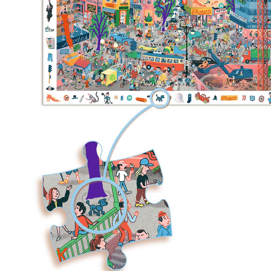 Detail van een Djeco observatiepuzzelstukje met een vergroot deel van de stadsscène, waarop een hondje te zien is.