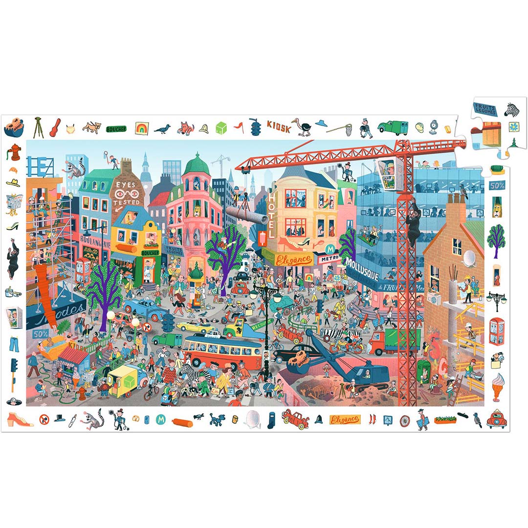 De complete Djeco observatiepuzzel 'De Stad' met 200 stukjes, met een gedetailleerde illustratie van een drukke stad.