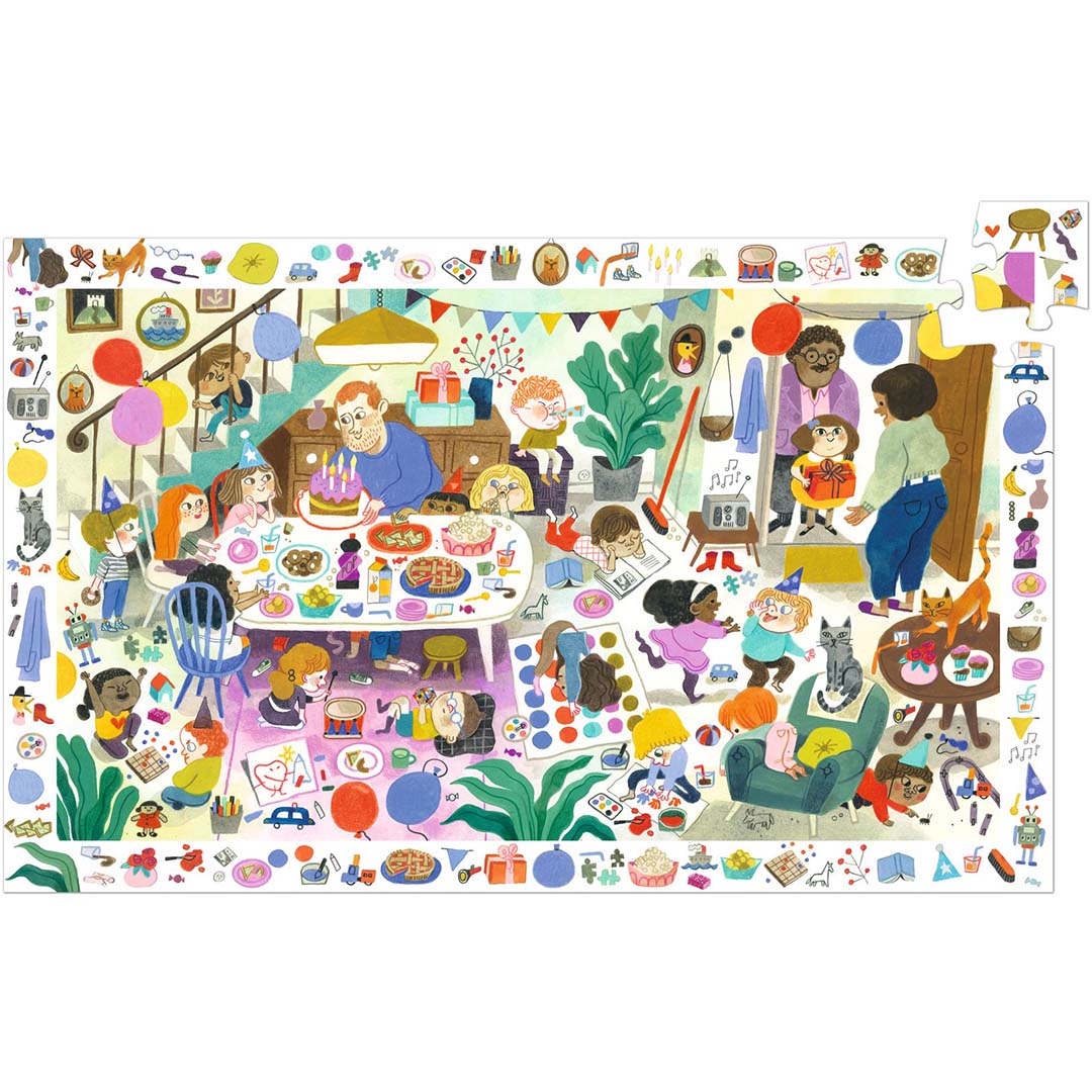 De complete Djeco observatiepuzzel van 54 stukjes met een verjaardagsfeest.