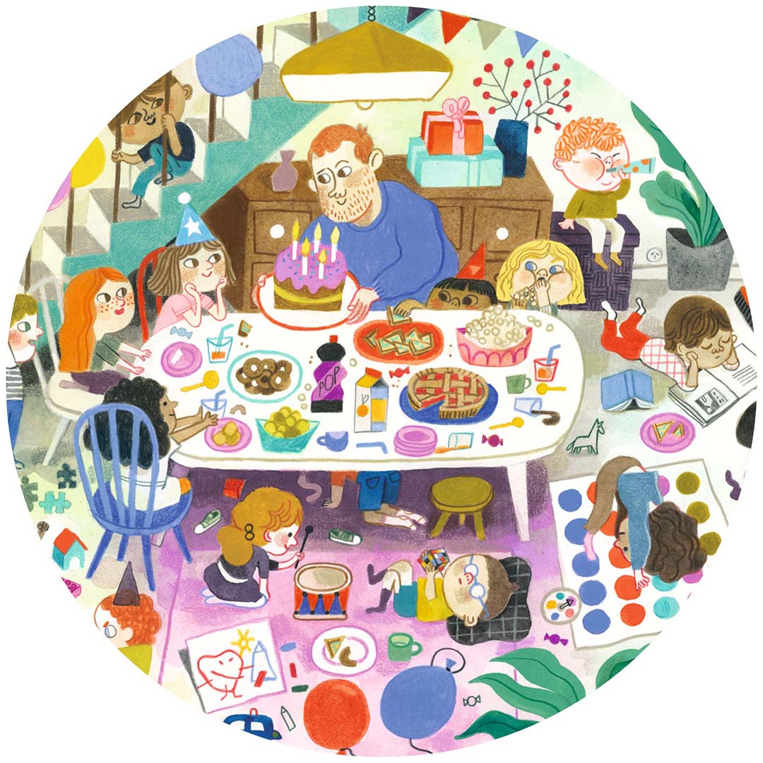 Rond detail van de Djeco observatiepuzzel met het verjaardagsfeest rond de tafel.