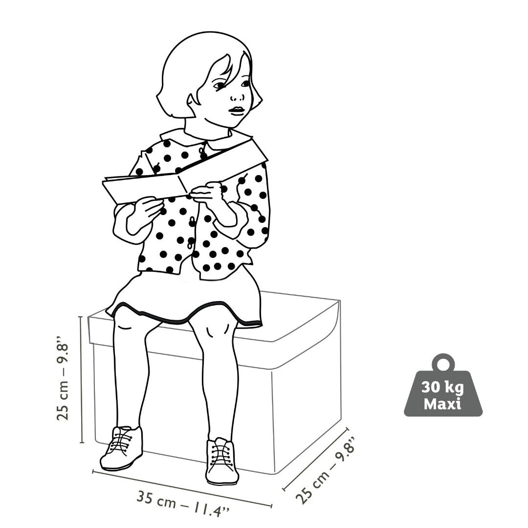 Infographic van een kind dat op de opbergpoef zit, met afmetingen en een maximaal draagvermogen van 30 kg.