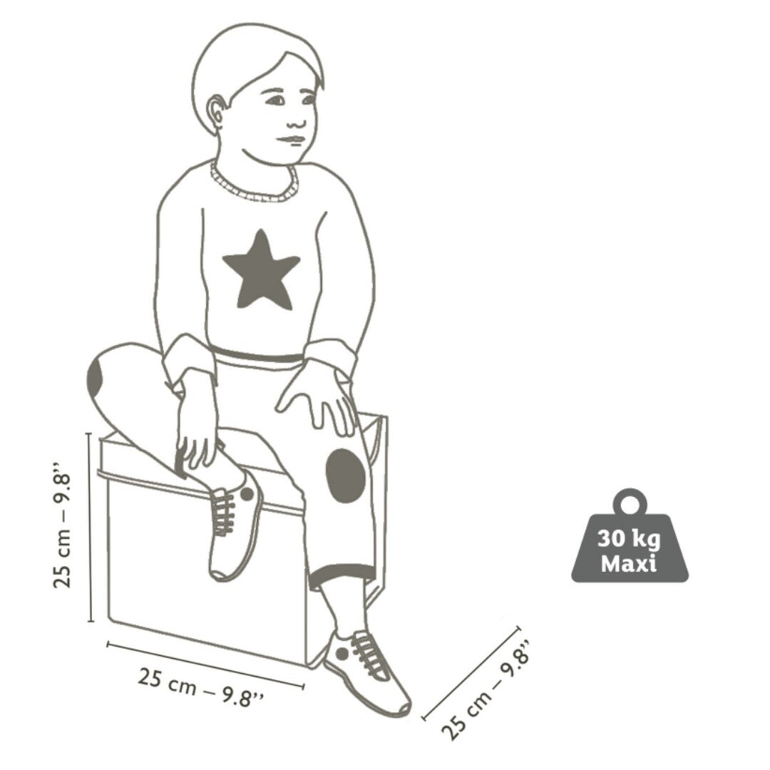 Infographic van de opbergpoef met afmetingen en een draagvermogen van 30 kg.