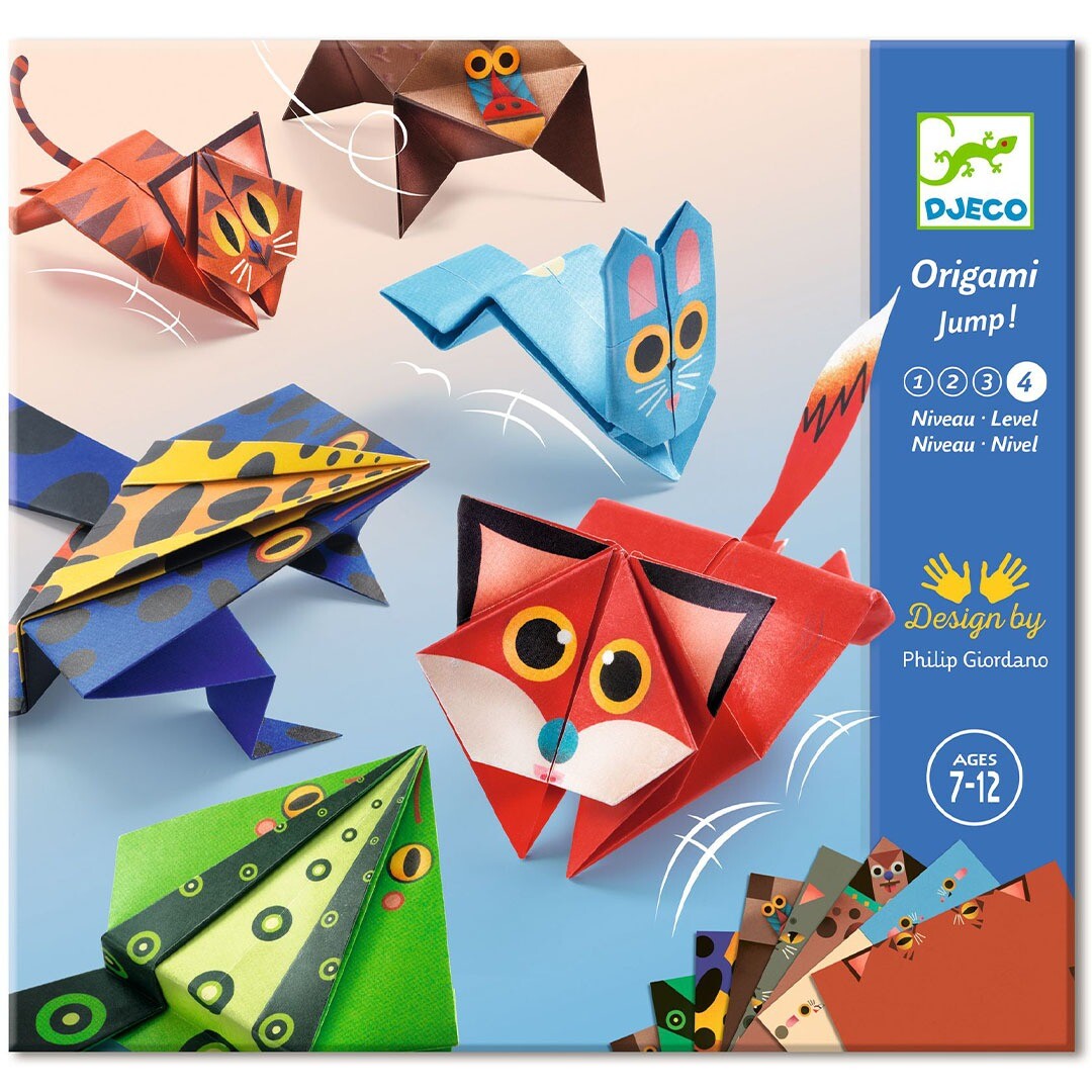 Djeco Origami Jump! verpakking met voorbeelden van gevouwen springende dieren zoals een kat en een kikker.