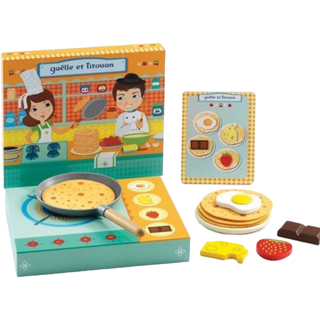 Djeco pannenkoeken keukenspeelset met kartonnen fornuis, pan, pannenkoek, diverse toppings en receptenkaart.