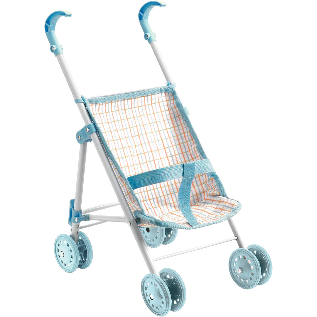 Djeco poppenbuggy met blauw-wit frame en geruite zitting.