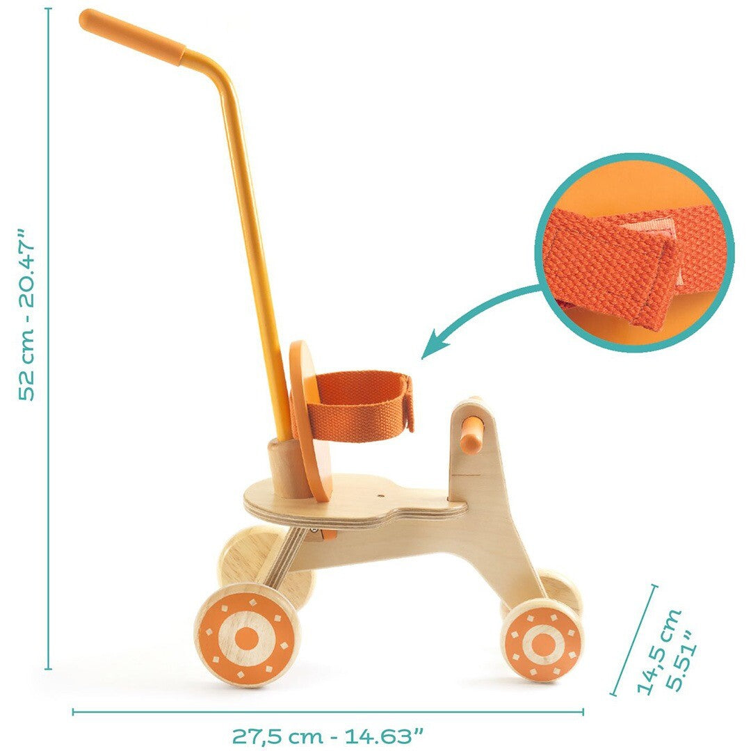 Infographic van de houten poppendriewieler met afmetingen en een detail van de oranje veiligheidsband.