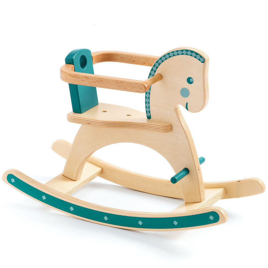 Djeco houten poppenhobbelpaard met teal accenten en een veiligheidsbeugel.