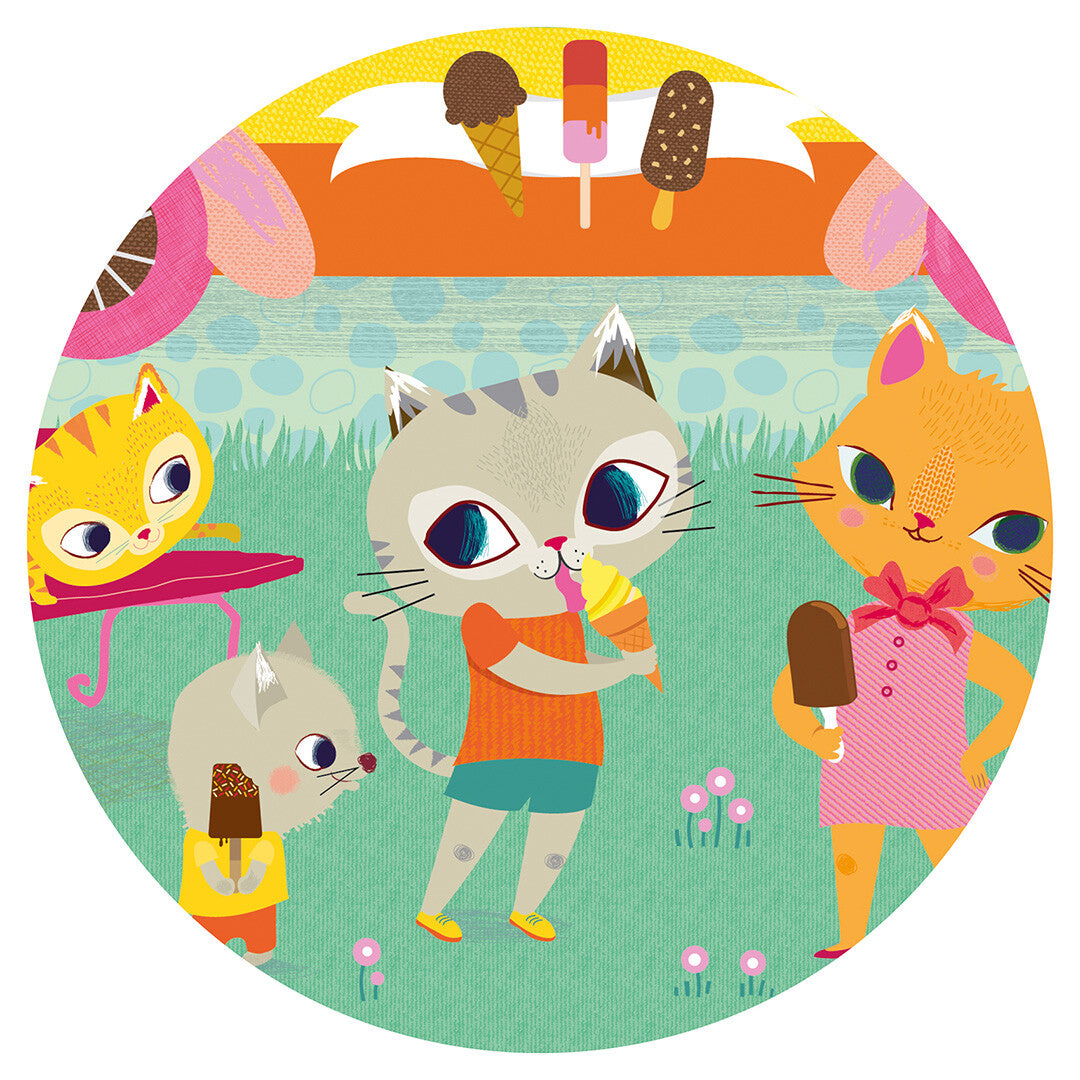 Detail van de Djeco puzzel met drie katten en een muis die ijsjes eten in het gras.