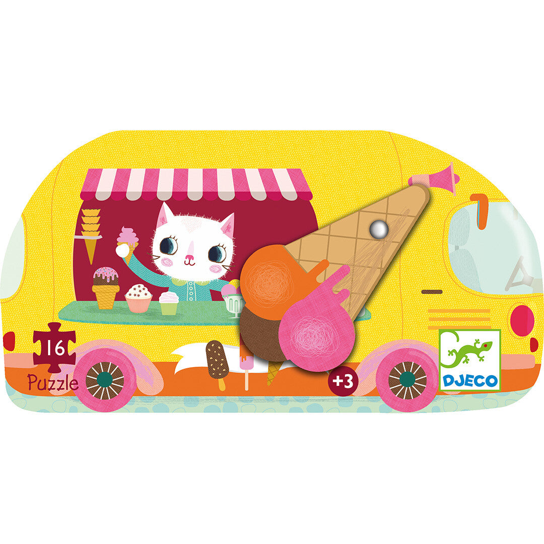 Voorkant van de Djeco puzzelverpakking in de vorm van een gele ijskar met een kat die ijsjes verkoopt.