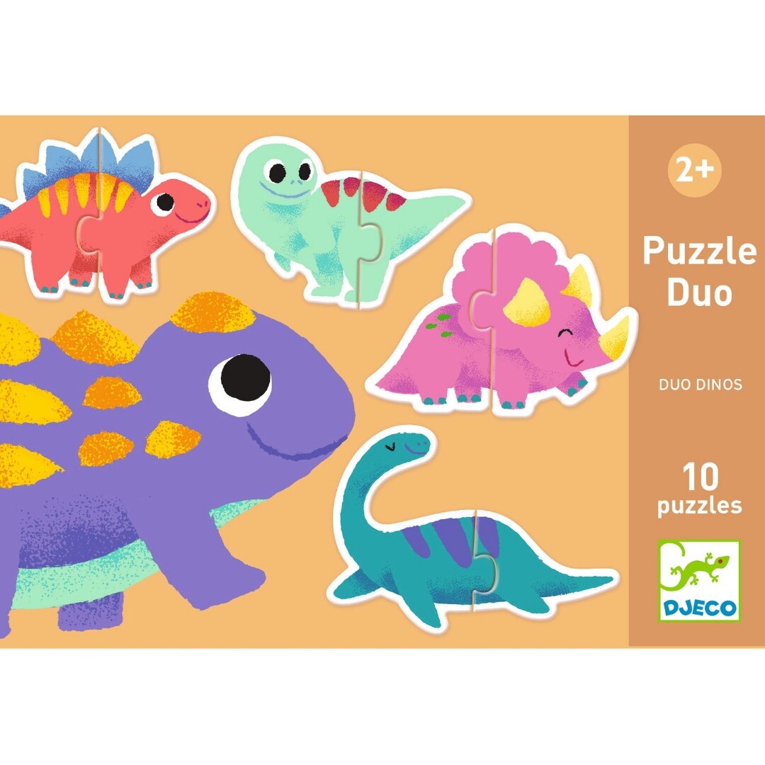 Djeco Puzzle Duo Dinosaurus puzzelverpakking met vijf kleurrijke dinosaurus puzzelstukken.