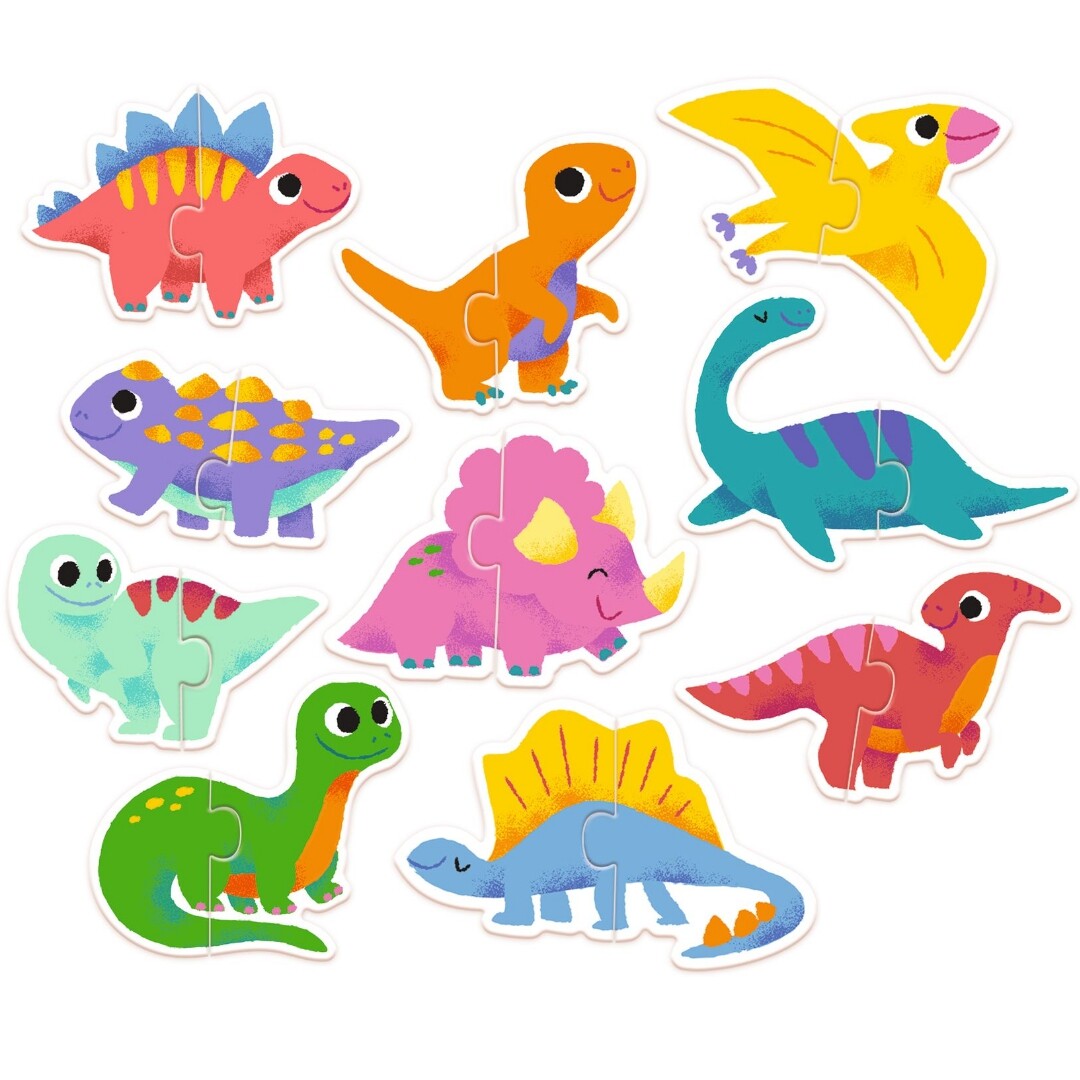 Negen kleurrijke tweedelige dinosaurus puzzels, waaronder een roze stegosaurus en een oranje T-rex, plat gelegd.