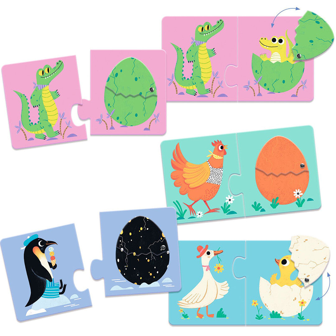 Losse Djeco puzzelstukken met dieren en hun eieren, waaronder een krokodil, kip, pinguïn en gans.
