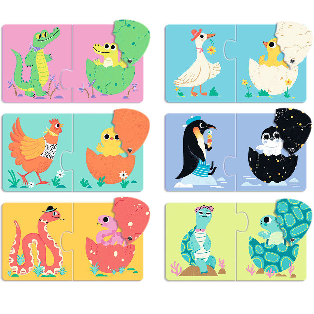Zes complete Djeco puzzel duo's van dieren die uit eieren komen, waaronder een krokodil, gans, kip, pinguïn, slang en schildpad.