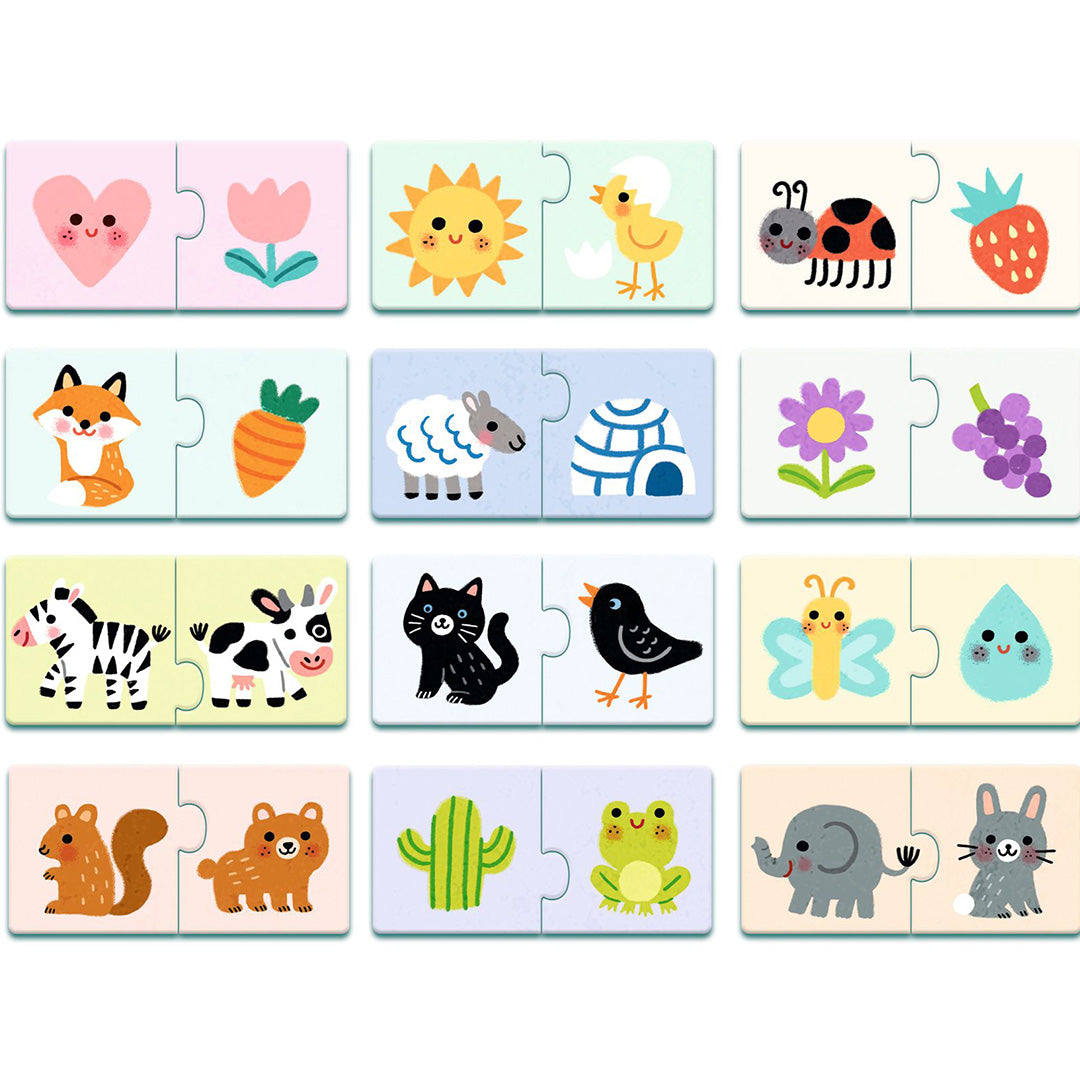 Alle twaalf puzzel duo's met verschillende afbeeldingen van dieren, planten en voorwerpen.