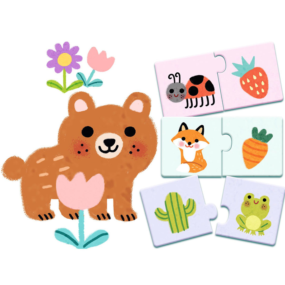 Illustratie van een beer en bloemen met drie voorbeelden van puzzel duo's: lieveheersbeestje met aardbei, vos met wortel en cactus met kikker.
