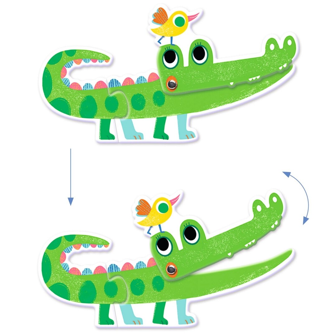 Een Djeco legpuzzel van een krokodil met een beweegbare bek.