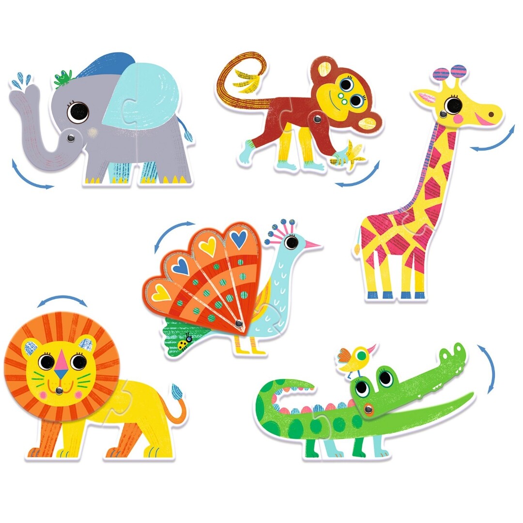 Alle zes Djeco Puzzle Duo legpuzzels van wilde dieren: olifant, aap, giraffe, leeuw, pauw en krokodil.
