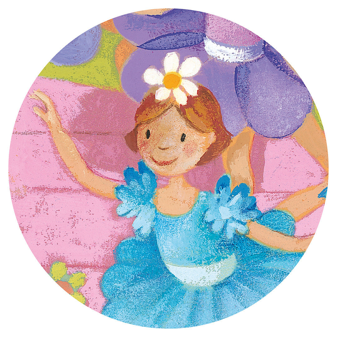 Detail van de Djeco legpuzzel met een lachende ballerina in een blauwe jurk en bloemen in haar haar.