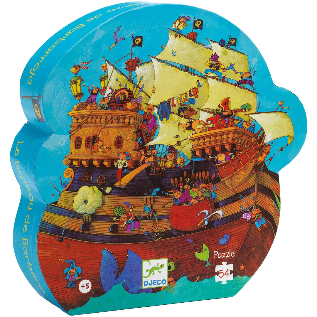 Djeco legpuzzel verpakking in de vorm van een piratenschip met veel figuren.