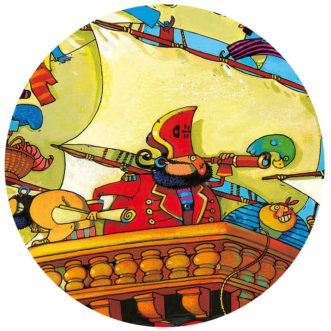 Detail van de Djeco legpuzzel met een piraat met rode hoed die door een telescoop kijkt.