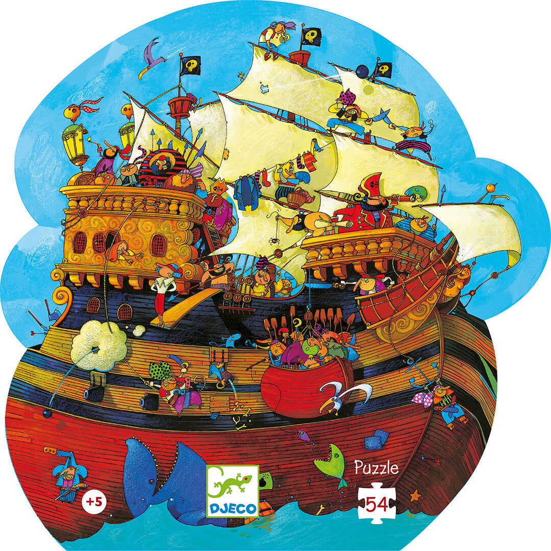 Djeco legpuzzel van een kleurrijk piratenschip vol piraten en dieren.