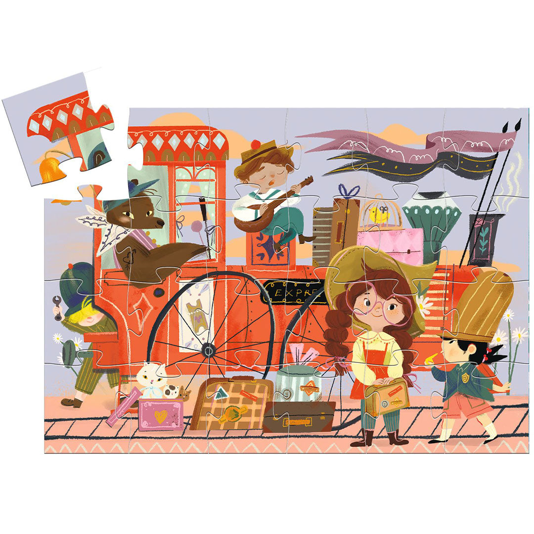 Djeco kinderpuzzel van 36 stukjes met een illustratie van kinderen en bagage op een treinperron.