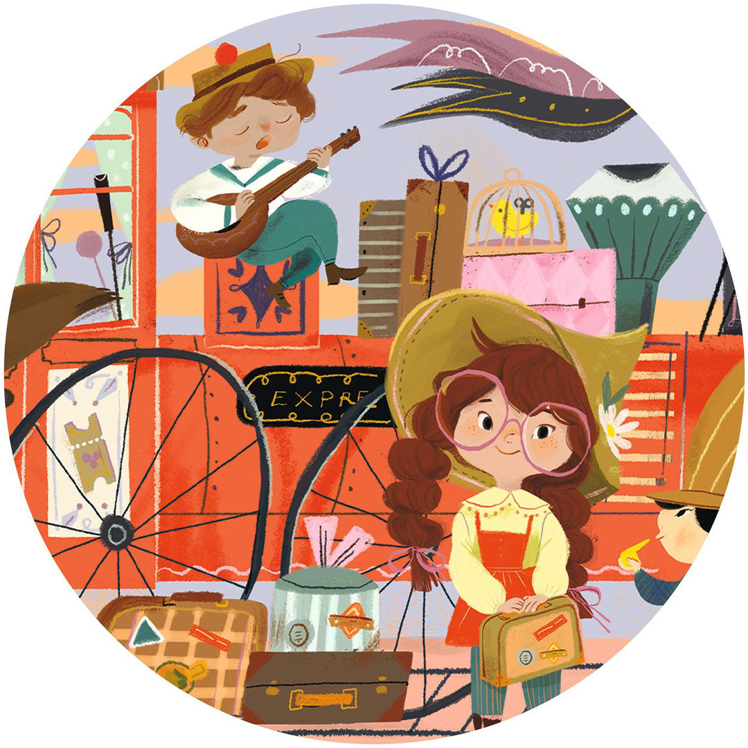 Detail van de Djeco kinderpuzzel met een meisje met bril, een jongen met gitaar en koffers bij een trein.
