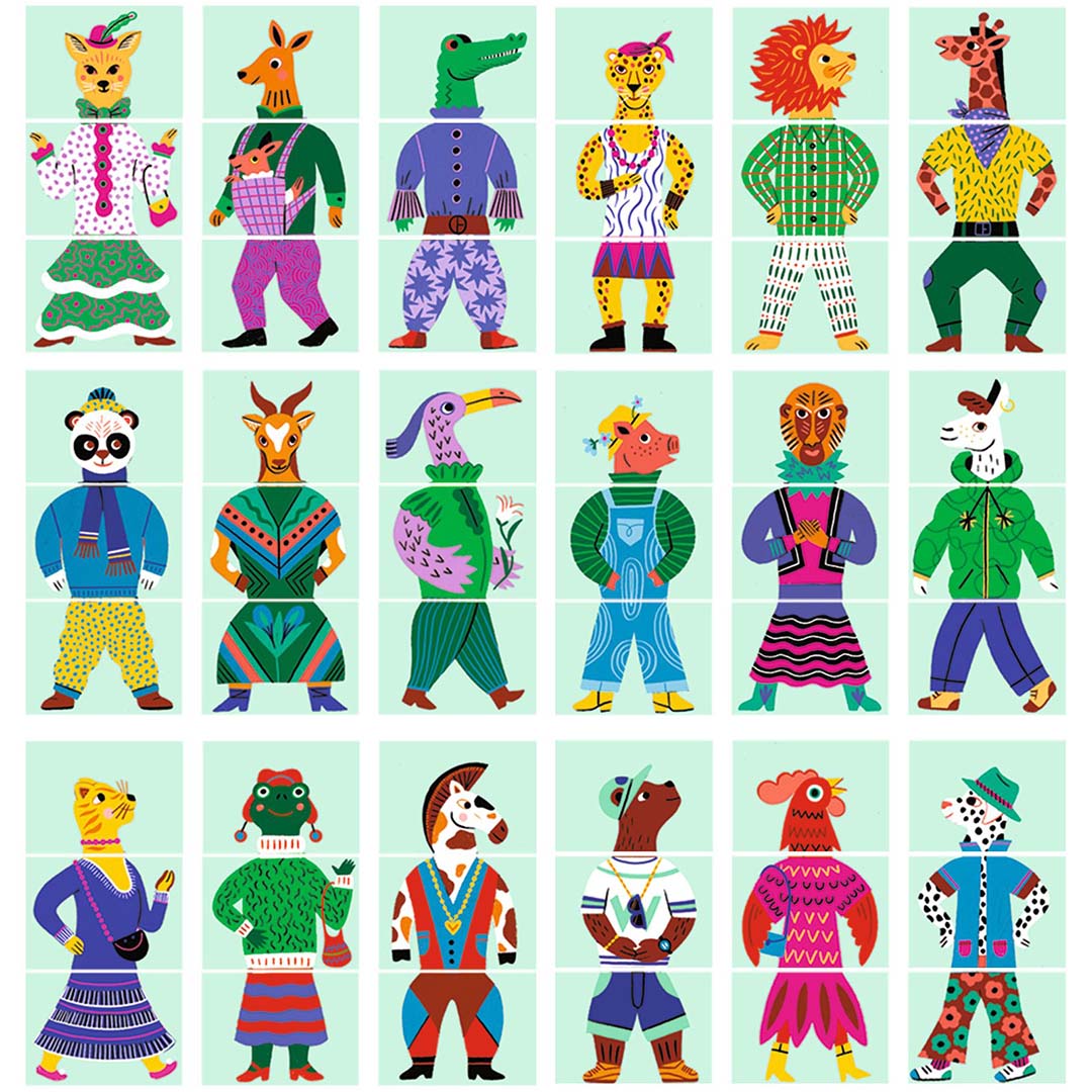 Infographic van de Djeco Mix & Match Modanimo kartonnen puzzel met een raster van 24 verschillende samengestelde dierenfiguren in diverse outfits.