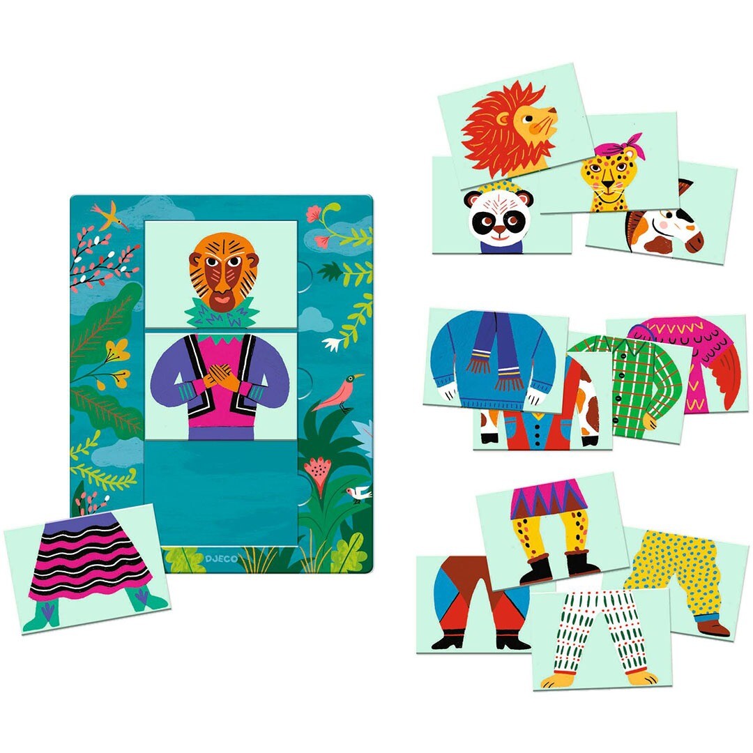 Djeco Mix & Match Modanimo kartonnen puzzel met een tijgerfiguur samengesteld op een speelbord en losse puzzelstukken met dierenhoofden en kleding.