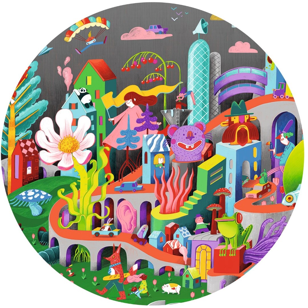 Ronde detailweergave van de Djeco Observation Crazy Town puzzel, met een deel van de kleurrijke droomwereld en figuren.