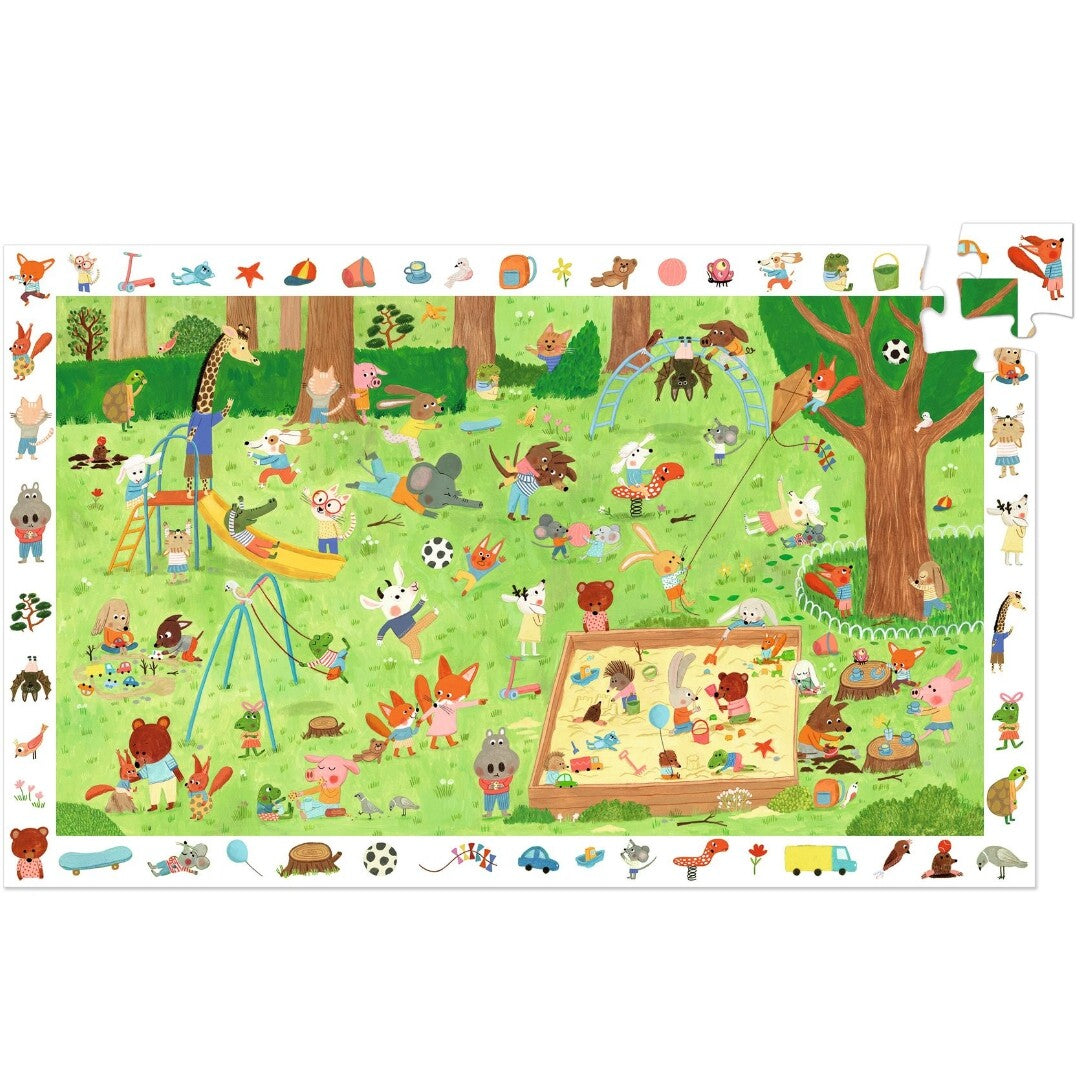De complete Djeco observation speeltuin legpuzzel met 35 stukjes en een rand met zoekafbeeldingen.