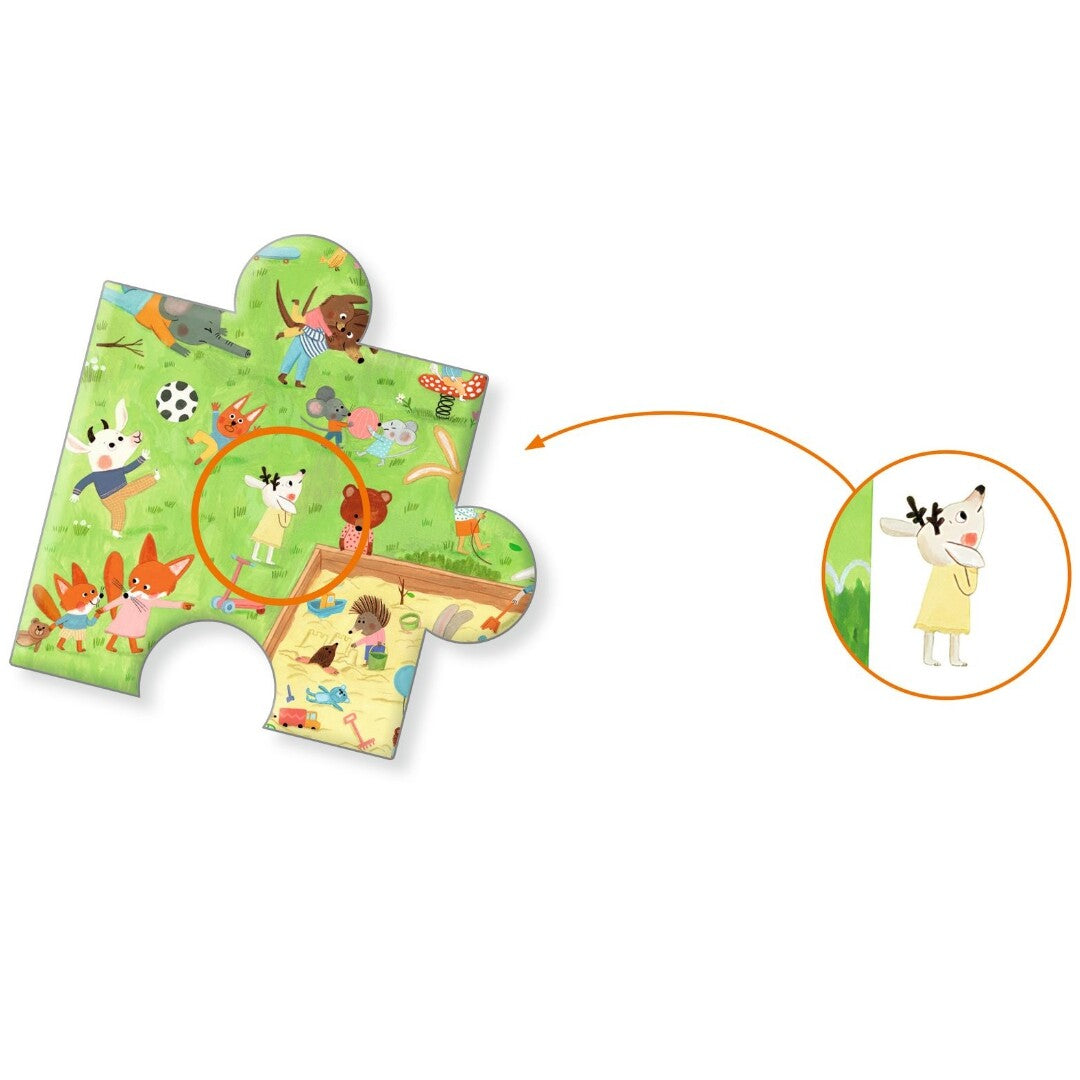 Detail van een Djeco puzzelstukje met een hertje op een step en een vergrote weergave van het hertje.