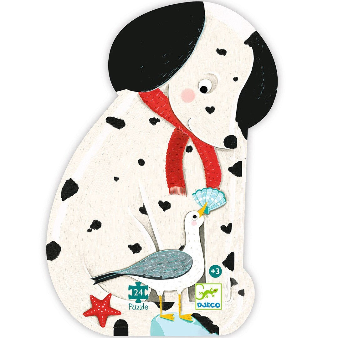 Djeco legpuzzel verpakking in de vorm van een dalmatiër hond met rode sjaal en een meeuw.