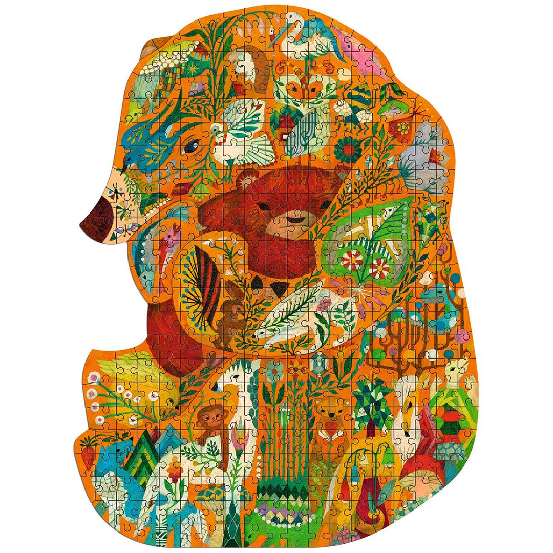 Djeco Puzz'Art contour legpuzzel van 350 stukjes, volledig gelegd, met een kunstzinnige afbeelding van een beer en dieren.